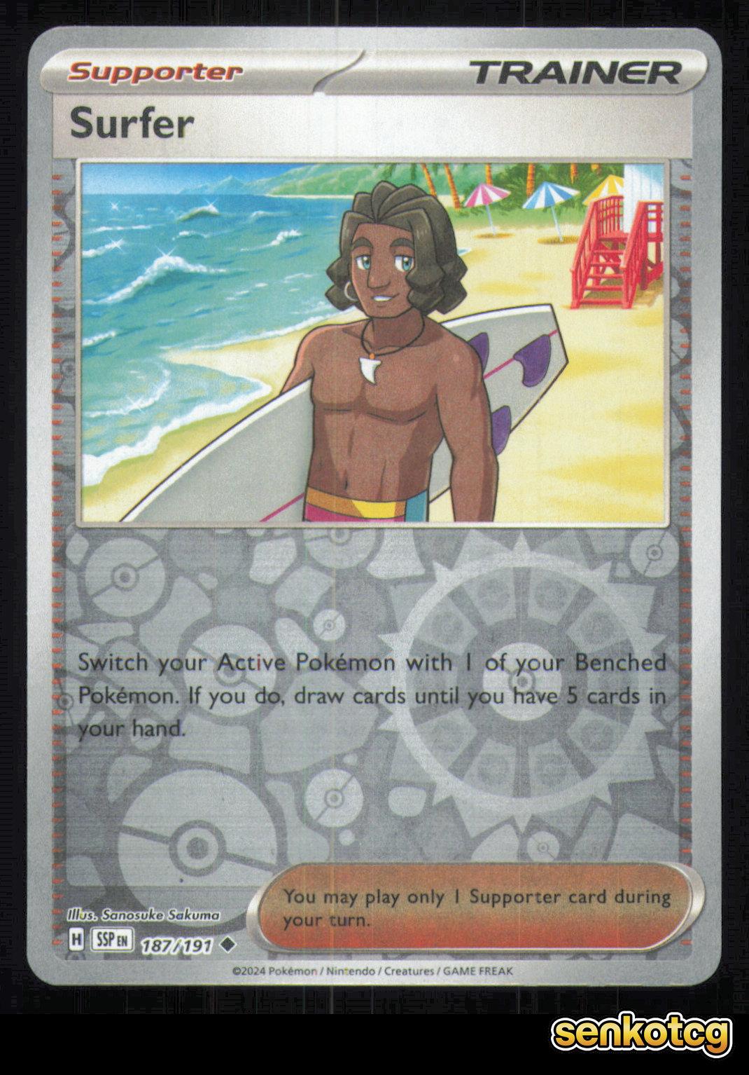 🎴 Surfer 187/191 Reverse Holo Surging Sparks NM 🎨 Sakuma