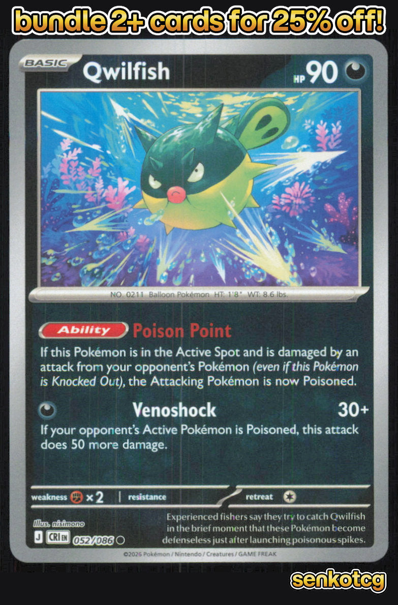 🎴 Qwilfish 052/086 Common Reverse Holo Chaos Rising NM 🎨 nisimono