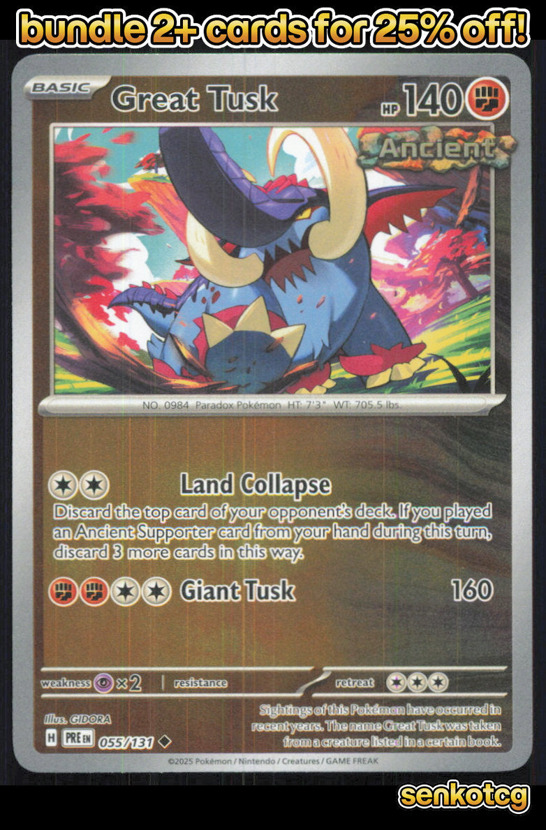 🎴 Great Tusk 055/131 Uncommon Reverse Holo Prismatic Evolutions NM