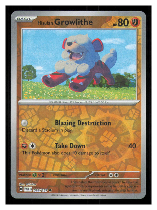 🎴 Hisuian Growlithe 099/167 Reverse Holo Twilight Masquerade NM 🎨 Whisker