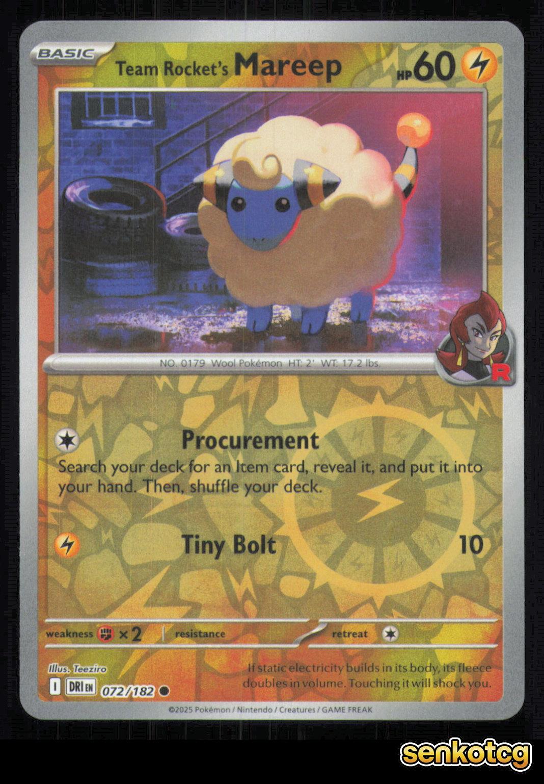 🎴 Team Rocket's Mareep 072/182 Reverse Holo Destined Rivals NM 🎨 Teeziro