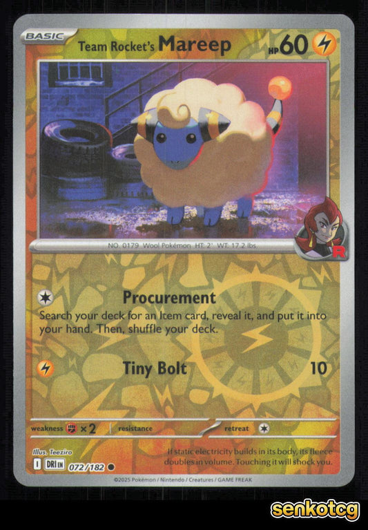 🎴 Team Rocket's Mareep 072/182 Reverse Holo Destined Rivals NM 🎨 Teeziro