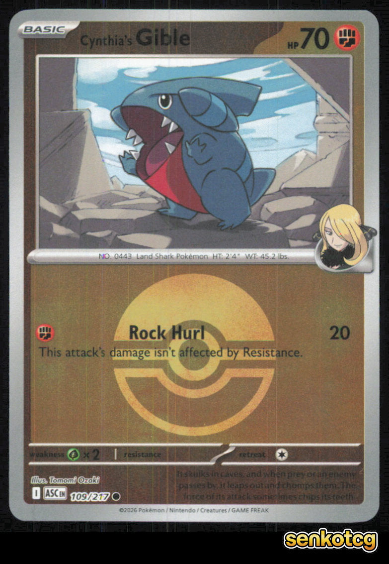 🎴 Cynthia's Gible (Poke Ball) 109/217 Common Reverse Holo Ascended Heroes NM
