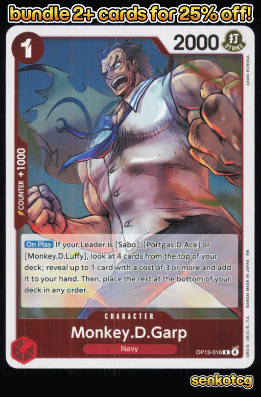 🎴 Monkey.D.Garp OP13-016 Rare Foil Carrying On His Will NM