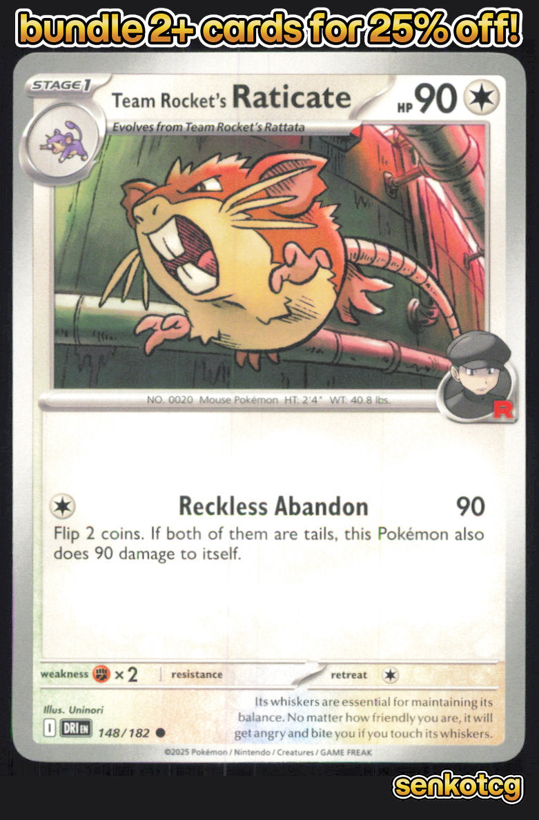 🎴 Team Rocket's Raticate 148/182 Common Destined Rivals NM