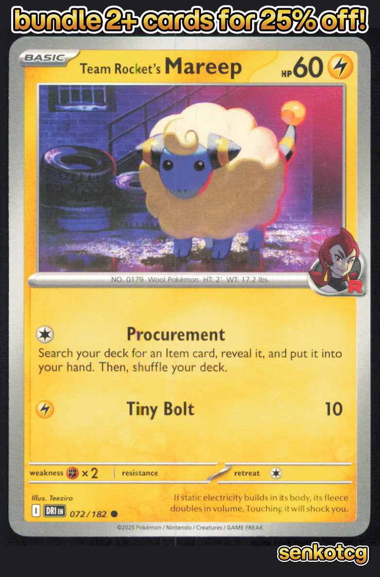 🎴 Team Rocket's Mareep 072/182 Common Destined Rivals NM