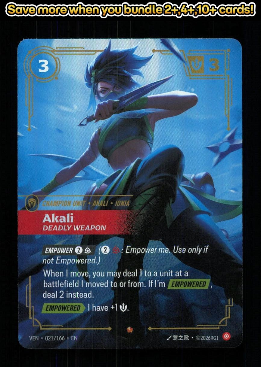 🎴 Akali - Deadly Weapon 021/166 Epic Foil Vendetta NM 🎨
