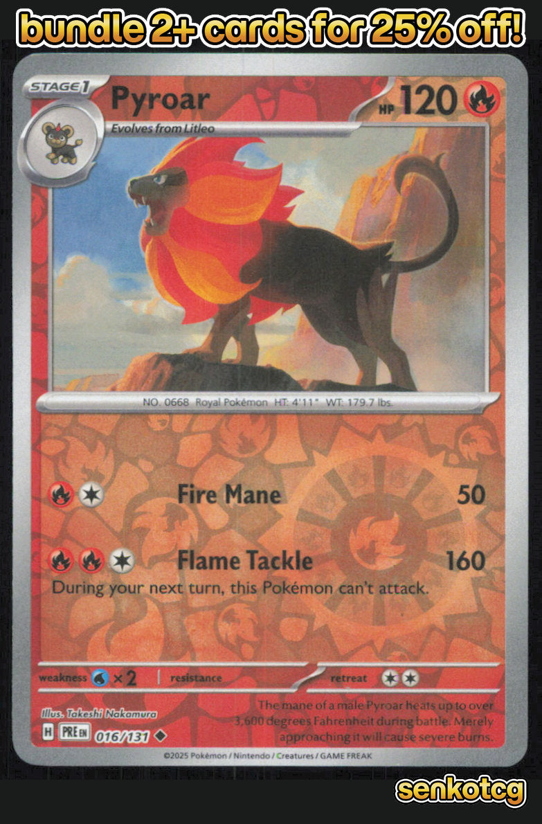 🎴 Pyroar 016/131 Uncommon Reverse Holo Prismatic Evolutions NM 🎨 Nakamura