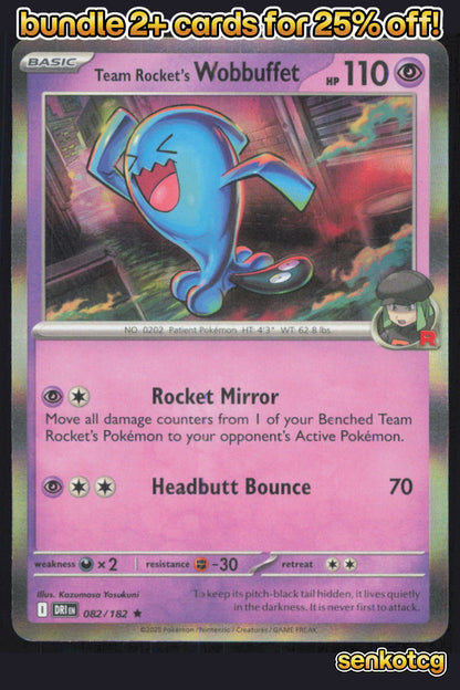🎴 Team Rocket's Wobbuffet 082/182 Rare Holo Destined Rivals NM