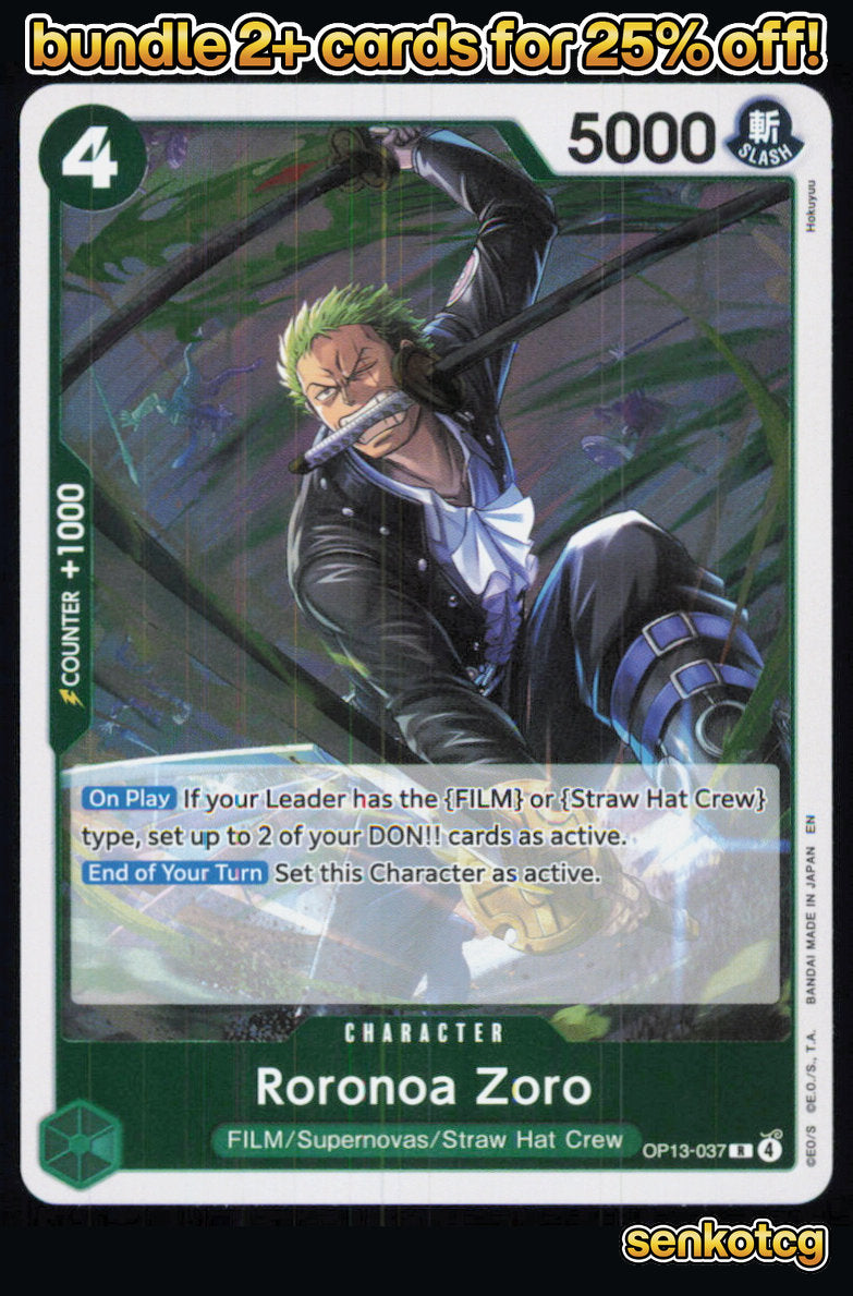 🎴 Roronoa Zoro OP13-037 Rare Foil Carrying On His Will NM