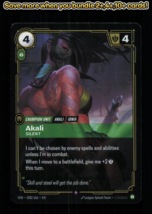 🎴 Akali - Silent 038/166 Rare Foil Vendetta NM 🎨 Team
