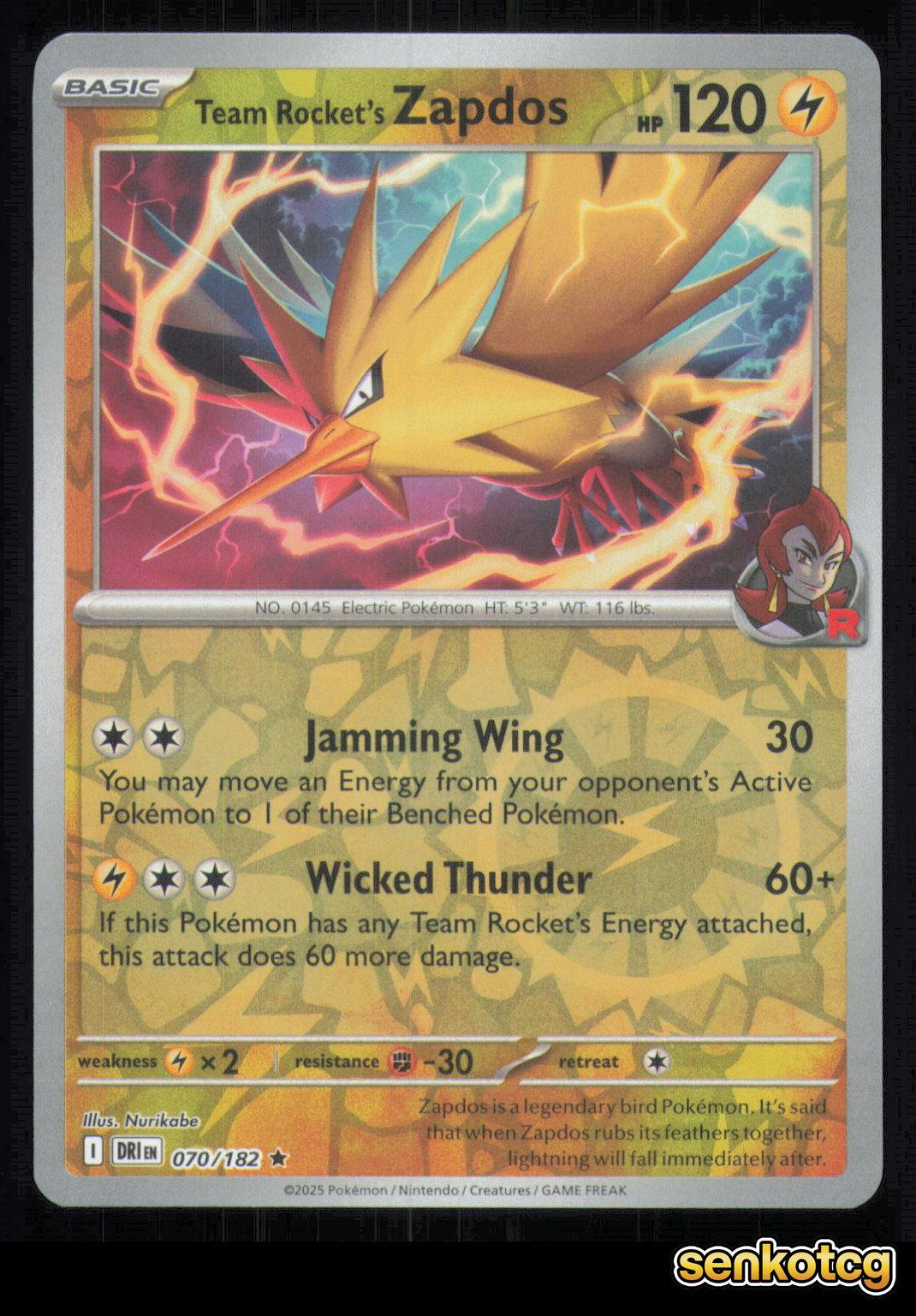 🎴 Team Rocket's Zapdos 070/182 Reverse Holo Destined Rivals NM 🎨 Nurikabe