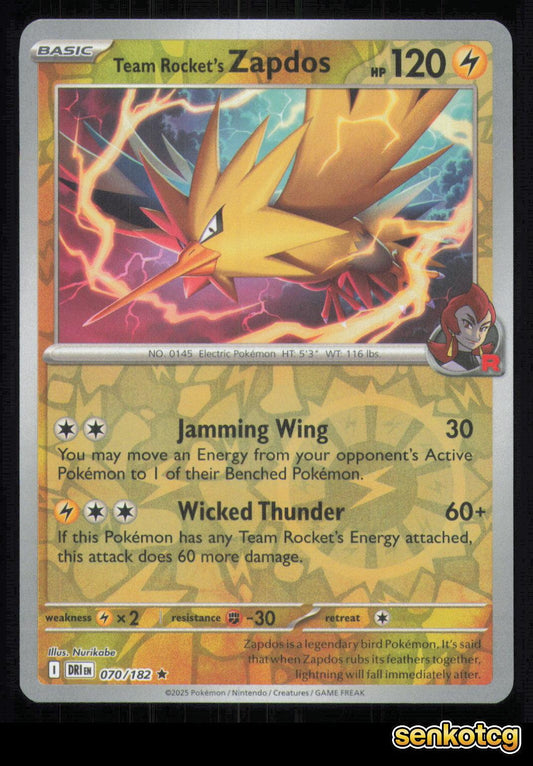 🎴 Team Rocket's Zapdos 070/182 Reverse Holo Destined Rivals NM 🎨 Nurikabe