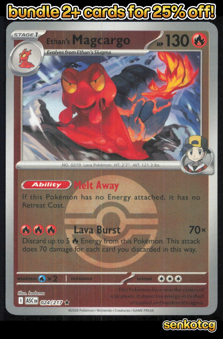🎴 Ethan's Magcargo (Poke Ball) 024/217 Rare Reverse Holo ASC Ascended Heroes NM
