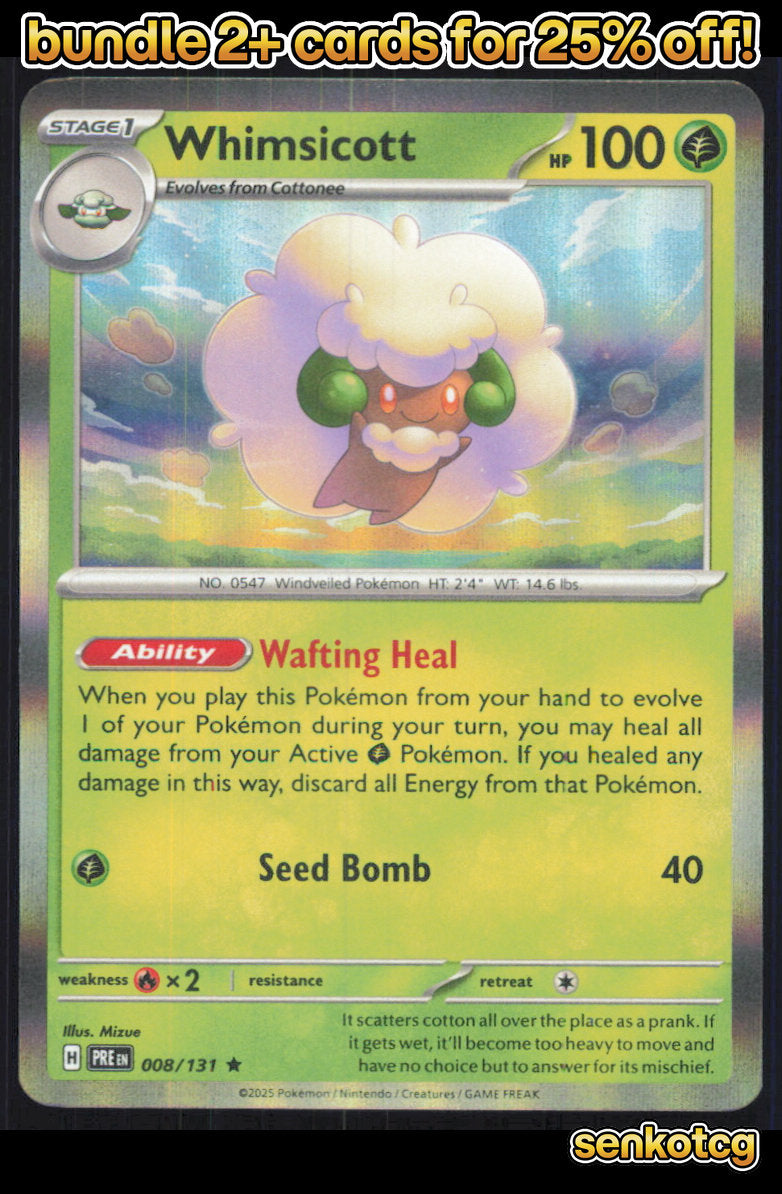 🎴 Whimsicott 008/131 Rare Holo Prismatic Evolutions NM