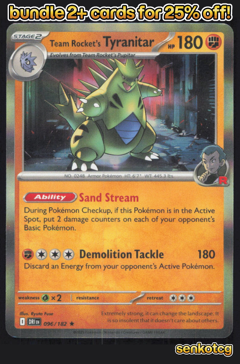 🎴 Team Rocket's Tyranitar 096/182 Rare Holo Destined Rivals NM