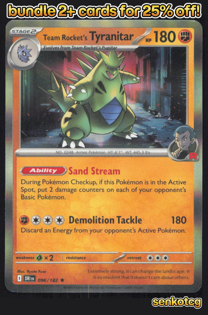 🎴 Team Rocket's Tyranitar 096/182 Rare Holo Destined Rivals NM
