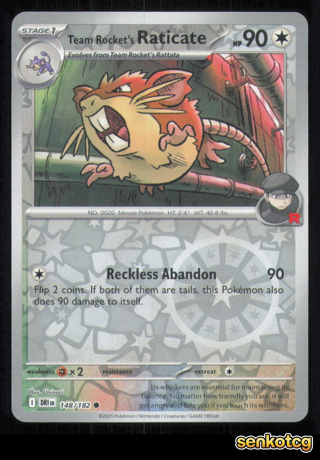🎴 Team Rocket's Raticate 148/182 Reverse Holo Destined Rivals NM 🎨 Uninori