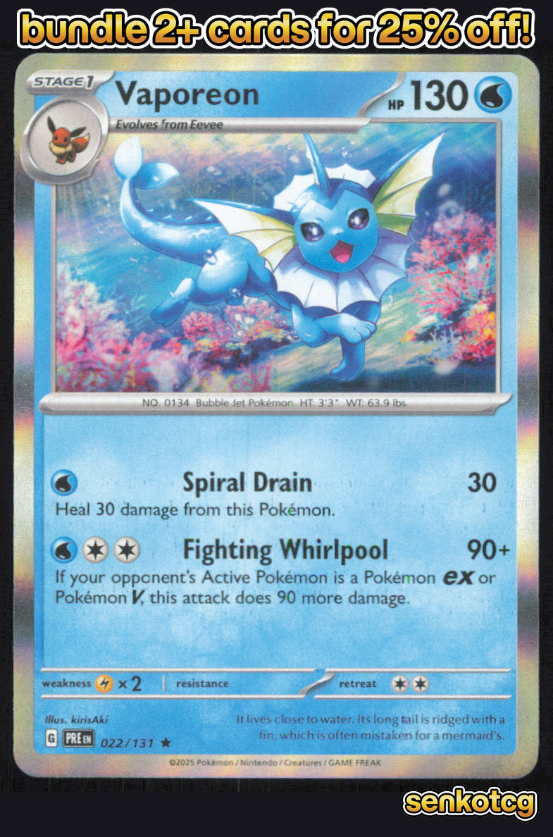 🎴 Vaporeon 022/131 Rare Holo Prismatic Evolutions NM 🎨 kirisAki