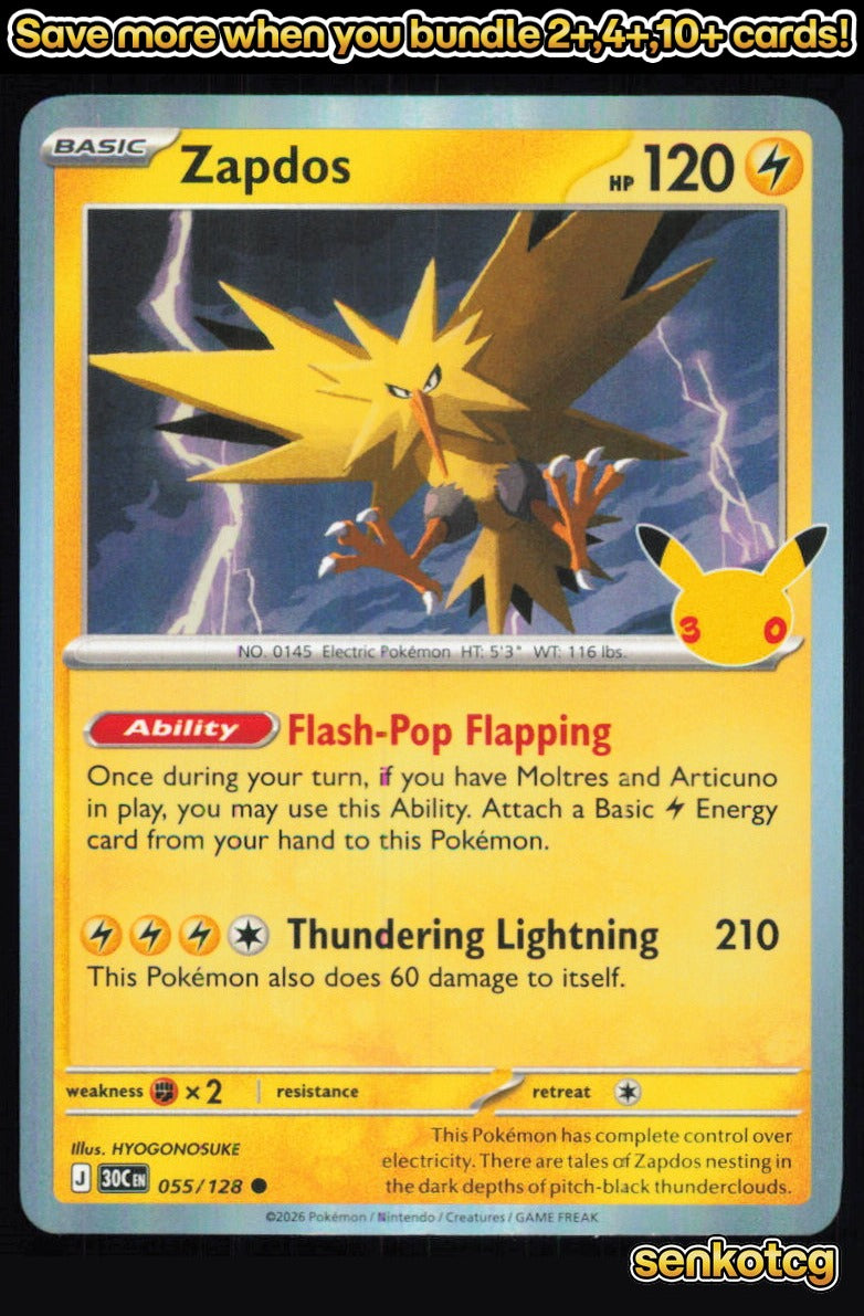 🎴 Zapdos 055/128 Common Holo ME: 30th Celebration NM 🎨 HYOGONOSUKE