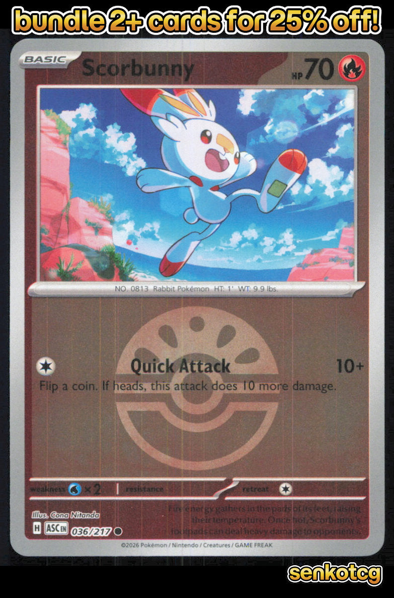 🎴 Scorbunny (Friend Ball) 036/217 Common Reverse Holo ASC Ascended Heroes NM