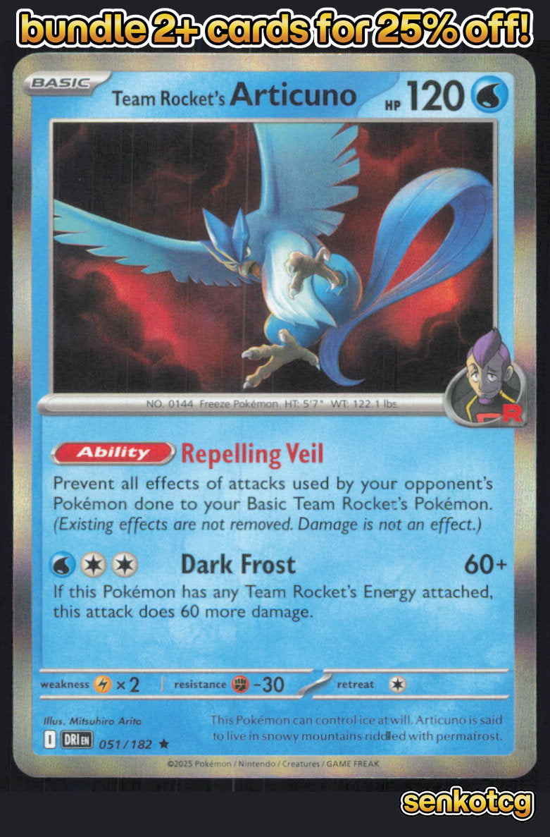 🎴 Team Rocket's Articuno 051/182 Rare Holo Destined Rivals NM