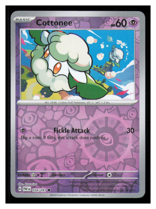 🎴 Cottonee 034/091 Reverse Holo Paldean Fates Pokemon NM