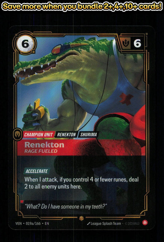 🎴 Renekton - Rage Fueled (Alternate Art) 019A/166 Rare Foil Vendetta NM 🎨 Team