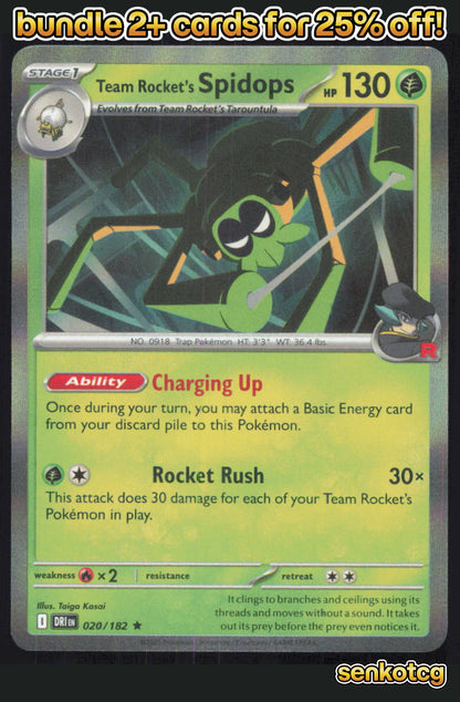 🎴 Team Rocket's Spidops 020/182 Rare Holo Destined Rivals NM