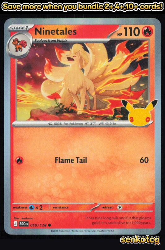 🎴 Ninetales 010/128 Common Holo ME: 30th Celebration NM 🎨 kodama