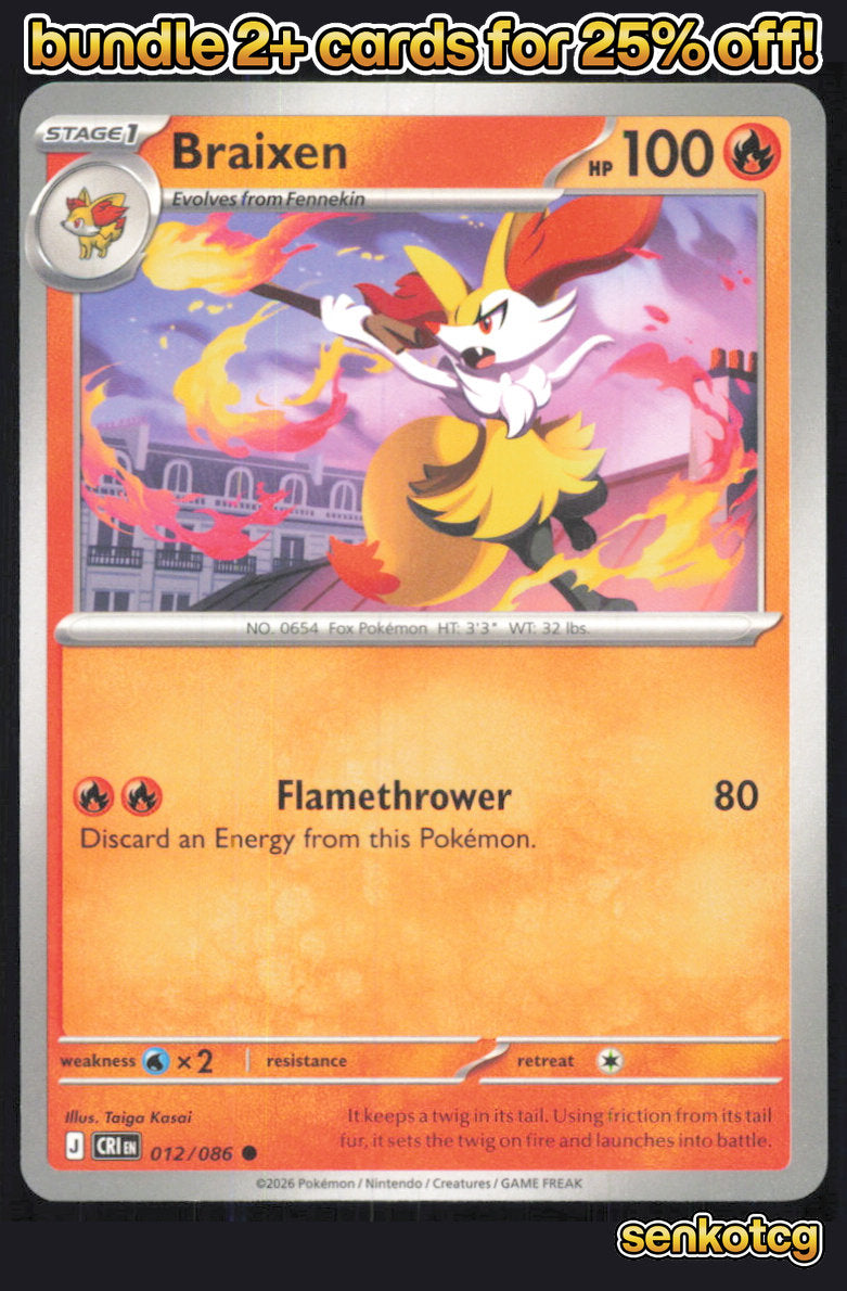 🎴 Braixen 012/086 Common Chaos Rising NM 🎨 Kasai