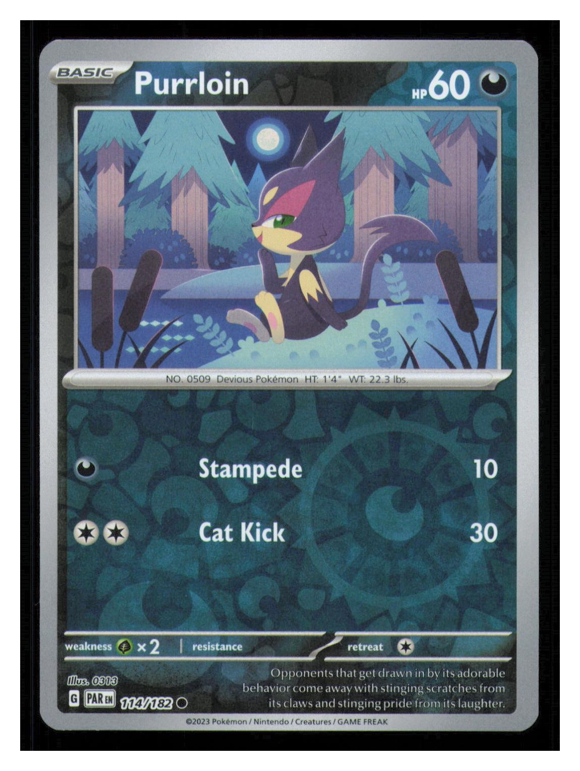 🎴 Purrloin 114/182 Reverse Holo Paradox Rift Pokemon NM