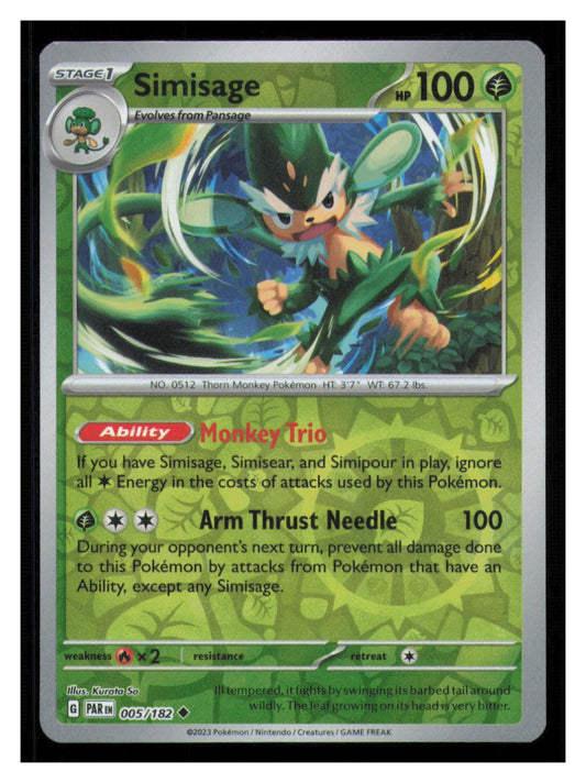 🎴 Simisage 005/182 Reverse Holo Paradox Rift Pokemon NM