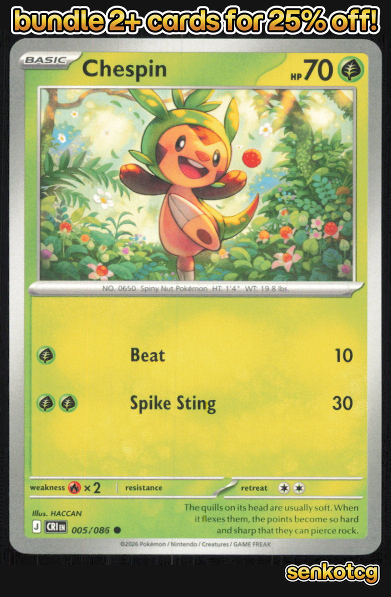 🎴 Chespin 005/086 Common Chaos Rising NM 🎨 HACCAN
