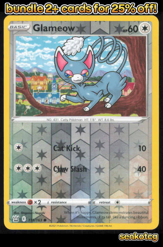 🎴 Glameow 115/163 Common Reverse Holo Battle Styles NM