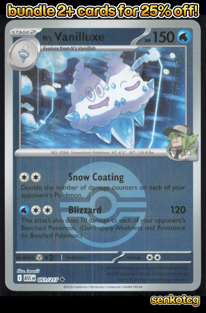 🎴 N's Vanilluxe (Poke Ball) 051/217 Reverse Holo ASC Ascended Heroes NM