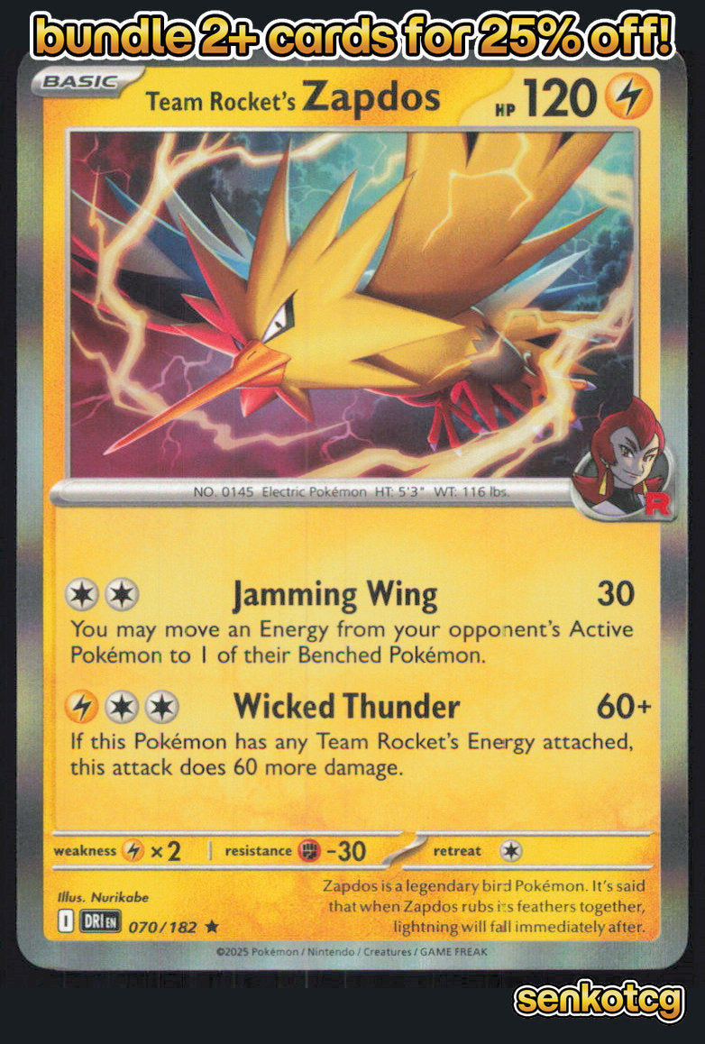 🎴 Team Rocket's Zapdos 070/182 Rare Holo Destined Rivals NM