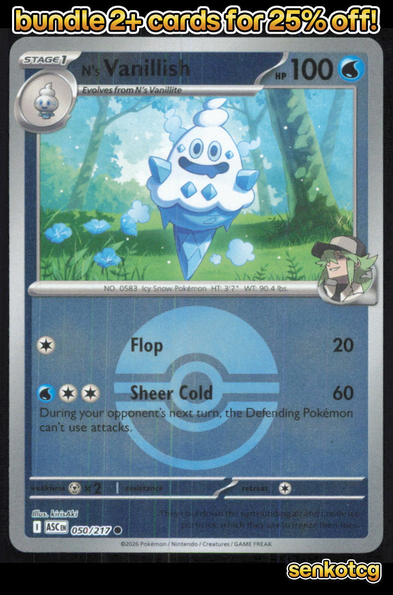 🎴 N's Vanillish (Poke Ball) 050/217 Common Reverse Holo ASC Ascended Heroes NM