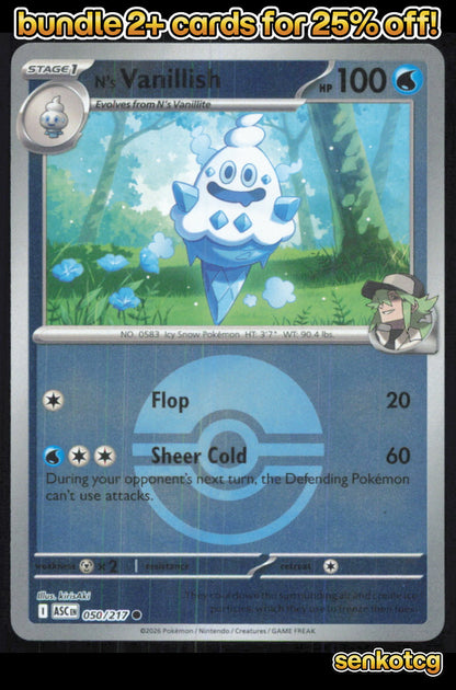 🎴 N's Vanillish (Poke Ball) 050/217 Common Reverse Holo ASC Ascended Heroes NM
