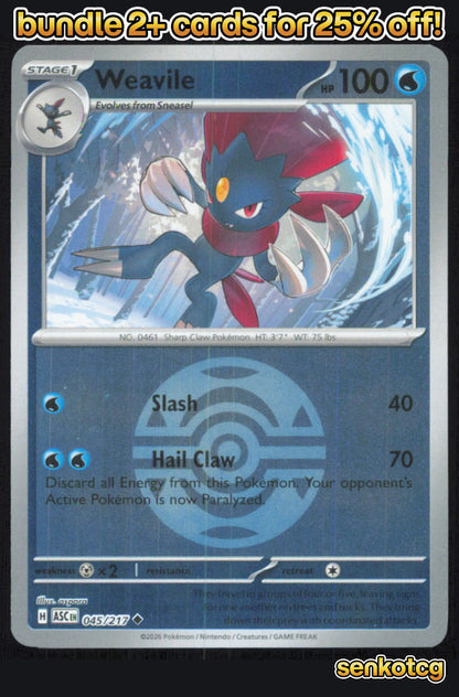 🎴 Weavile (Dusk Ball) 045/217 Reverse Holo Ascended Heroes NM 🎨 Uninori