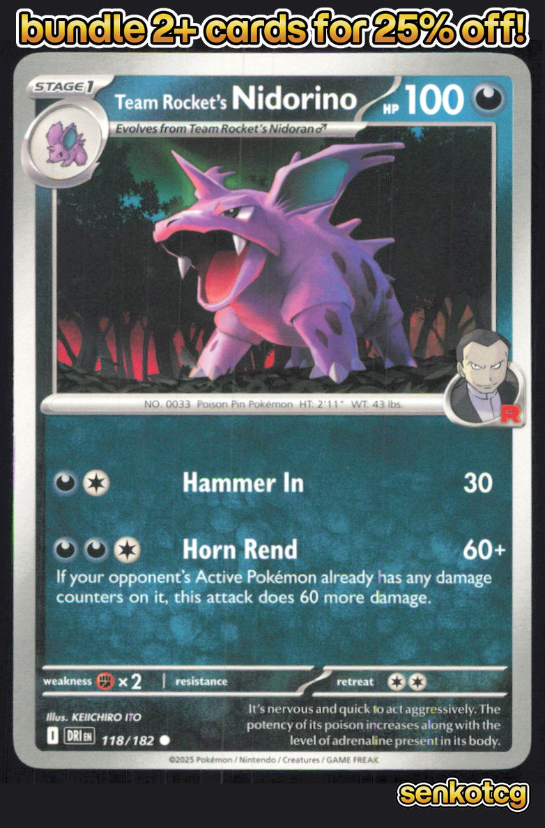 🎴 Team Rocket's Nidorino 118/182 Common Destined Rivals NM