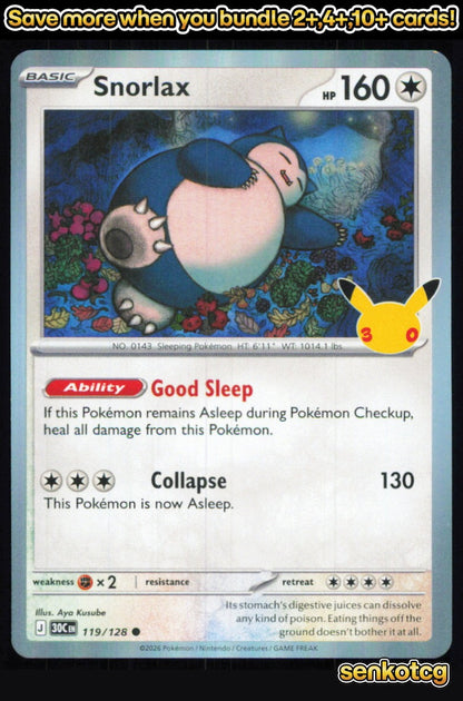 🎴 Snorlax 119/128 Holo ME: 30th Celebration NM 🎨 Kusube
