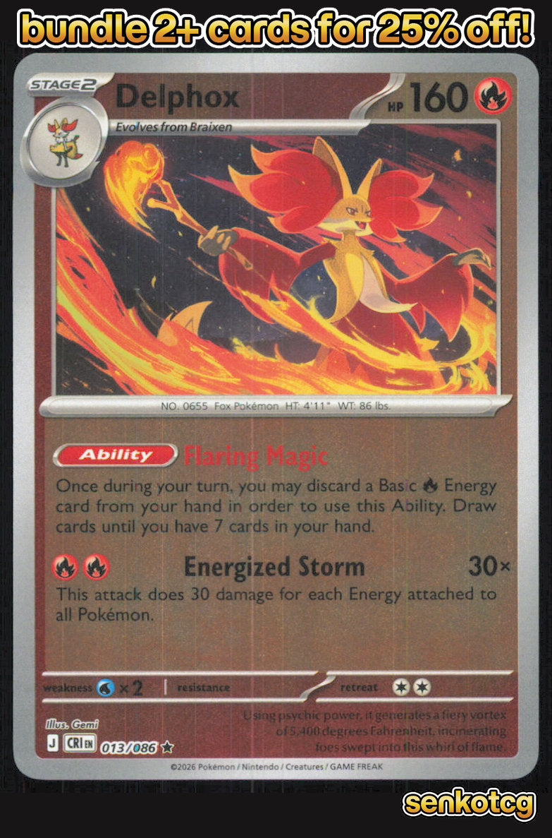 🎴 Delphox 013/086 Rare Reverse Holo Chaos Rising NM 🎨 Gemi